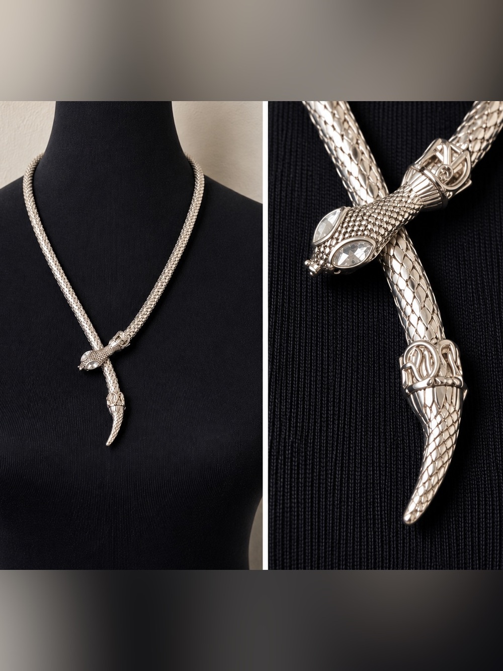 Vintage Silver Chainmail Snake Mesh Necklace Crystal Eyes Serpent Chain